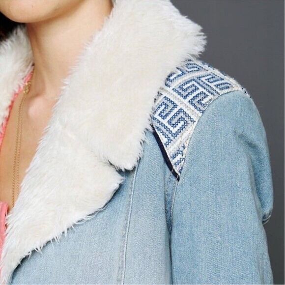 Free People Light Blue Jean Jacket with White Fur Collar - Picture 7 of 11